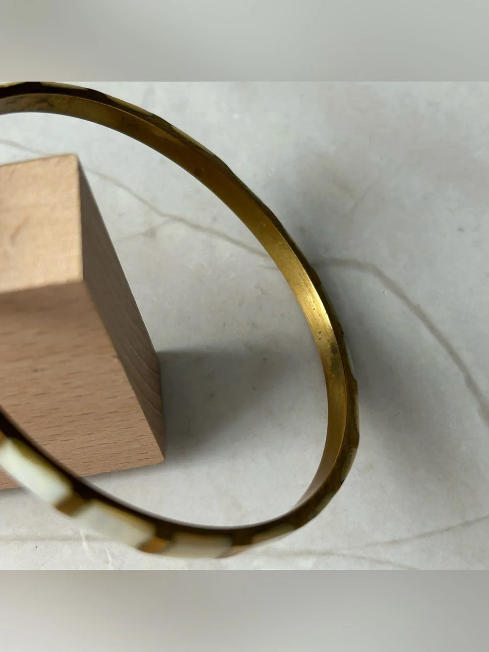 Abalone Mother of Pearl Gold and White Inlay Bangle Bracelet